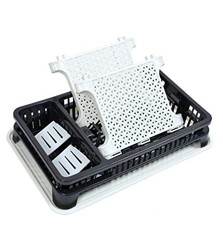 Disassembled parts of a black and white two-tier dish drying rack, showing the patterned side panels.