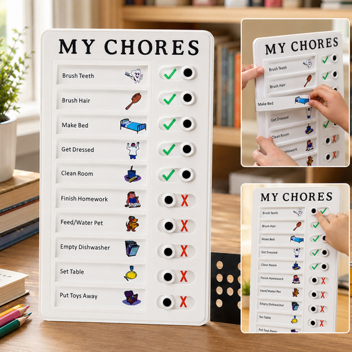 White 'MY CHORES' checklist board with green checkmarks and red X's on a wooden desk with books and a plant.