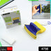 Blue and yellow magnetic window cleaner with its packaging and a white cleaning pad.