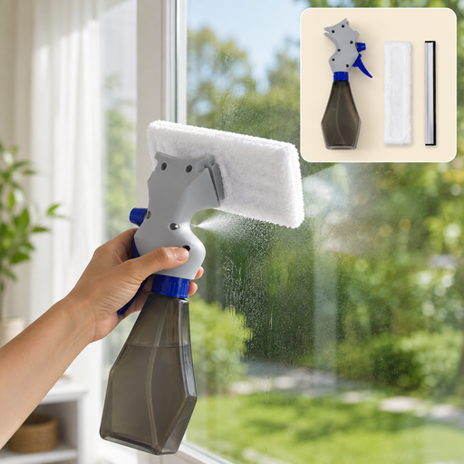 A hand holds a gray and blue spray bottle with a white microfiber pad attached, cleaning a window.