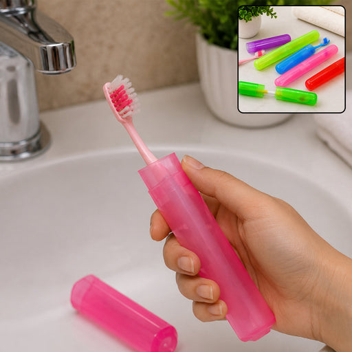 A hand holds a pink toothbrush in a matching translucent pink case over a bathroom sink, with an inset showing multiple