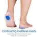 A person's bare feet show clear gel heel inserts with blue centers, with text about contouring gel heel inserts.