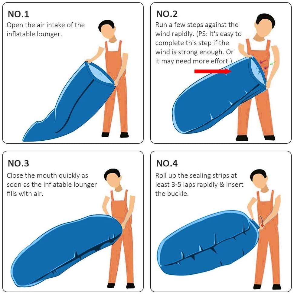 A four-step diagram illustrates how to inflate the blue inflatable lounger by opening, running, closing, and rolling the