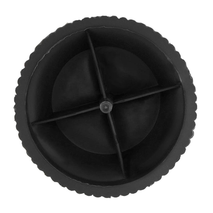A top-down view of a single black washing machine support leg with internal cross-bracing.