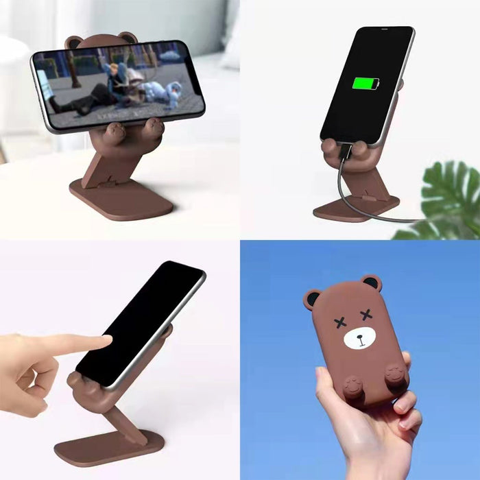 A four-panel image shows the brown bear phone stand holding a phone horizontally, charging, being touched, and held in a