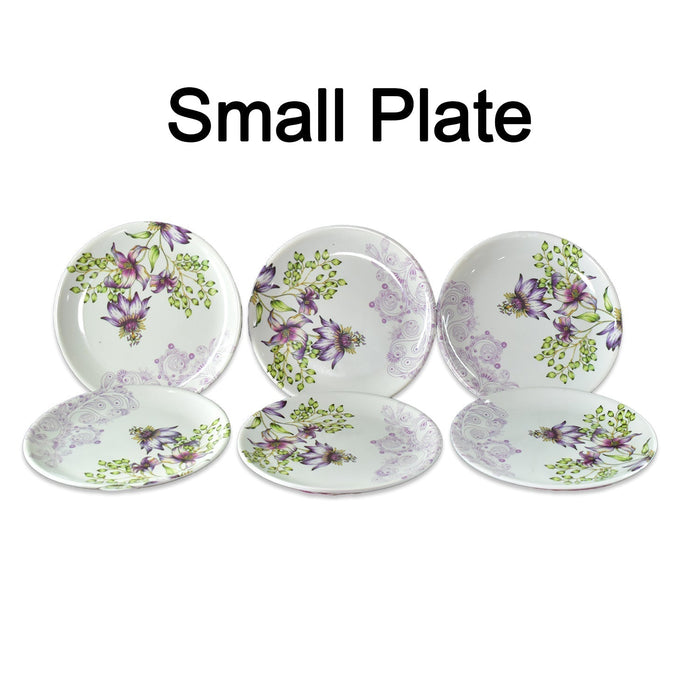 Complete 32-piece plastic dinner set, showcasing various plates and utensils.