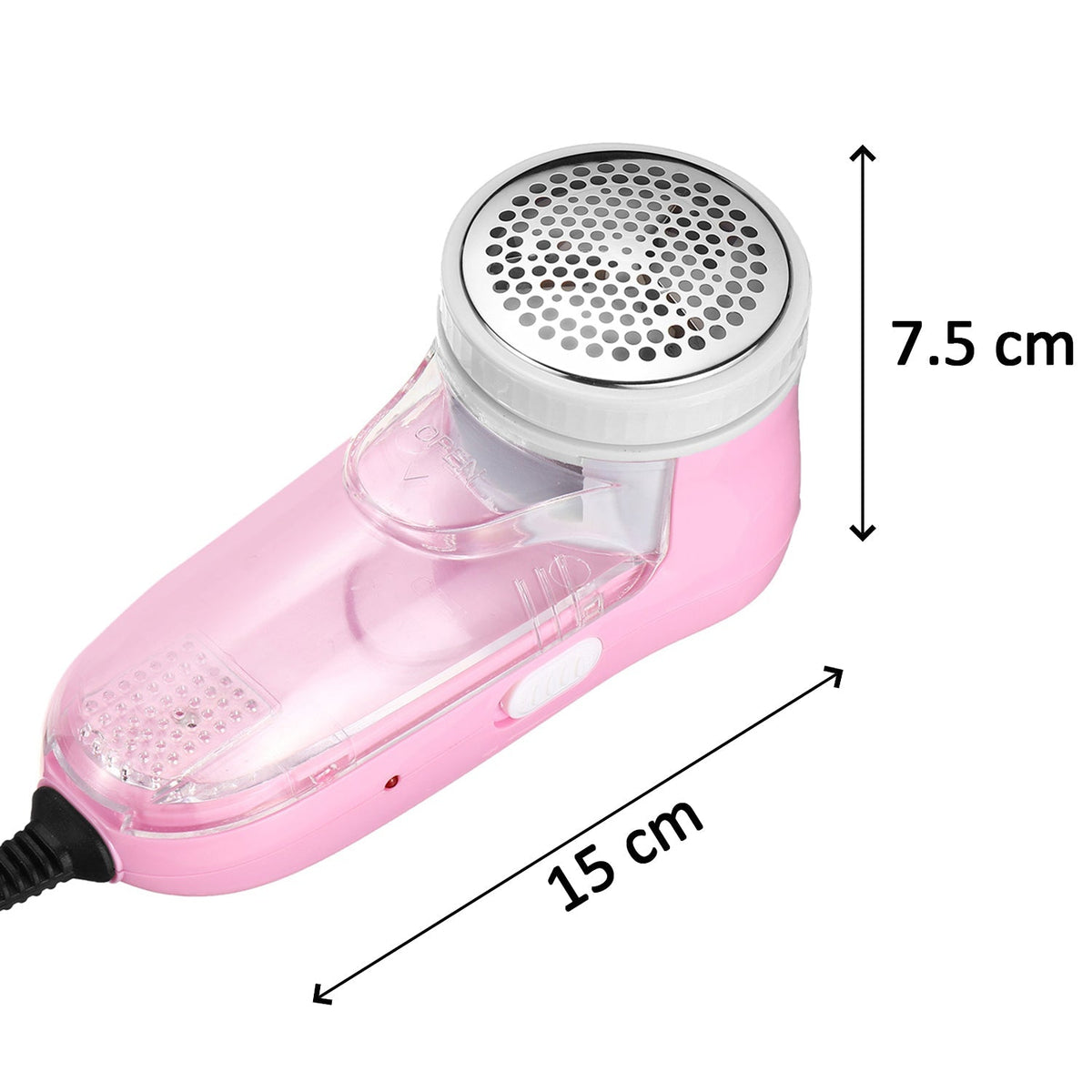 Pink corded lint remover with dimensions of 15 cm length and 7.5 cm height indicated.
