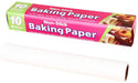 A pink and green box of non-stick baking paper next to a roll of white baking paper.