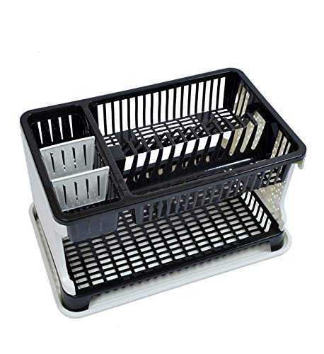 A black and white two-tier dish drying rack with a utensil holder, angled view.