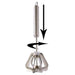 A silver stainless steel hand whisk with black arrows indicating a downward press and rotational movement.