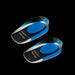 Two clear gel heel cups with blue centers are angled on a black background.