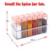 Six clear plastic spice jars with pink flip-top lids in a clear holder, with dimensions labeled in white text and red arrows.
