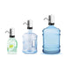 Three automatic water pumps on different sized clear and blue water bottles, ranging from small to large, against a white
