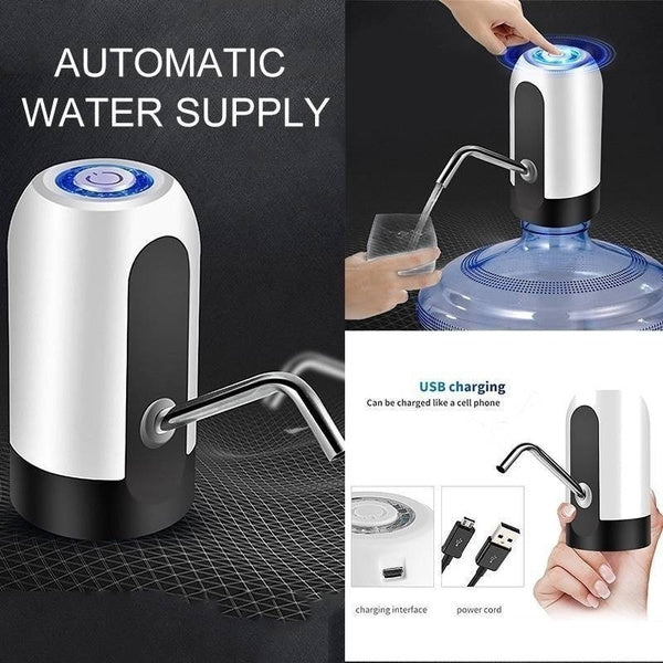 Collage showing the automatic water pump in use, its USB charging port, and power cord on a dark textured background.