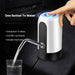 A finger pressing the blue illuminated button on the automatic water pump, dispensing water into a glass, with text