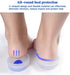 A person's bare feet show clear gel heel cups with blue centers, with arrows indicating heel protection features.