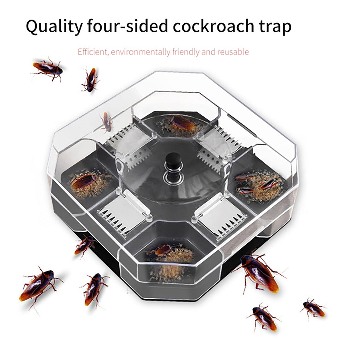 Clear octagonal cockroach trap with many cockroaches inside and around it, with text 'Quality four-sided cockroach trap'.