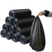 A hand holds up a single black garbage bag next to a stack of ten black garbage bag rolls.