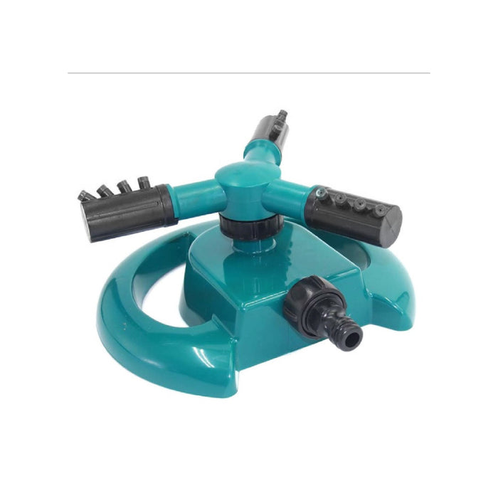 A teal and black plastic garden sprinkler is shown from an angle on a white background.
