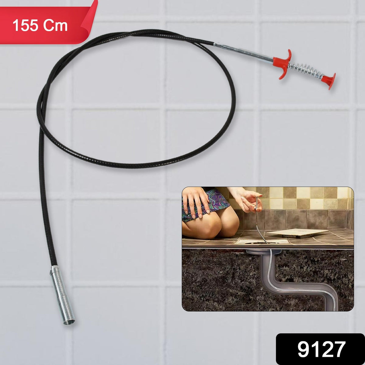 A 155 cm black flexible drain cleaner with a red handle and metal claw, with an inset showing it clearing a pipe.
