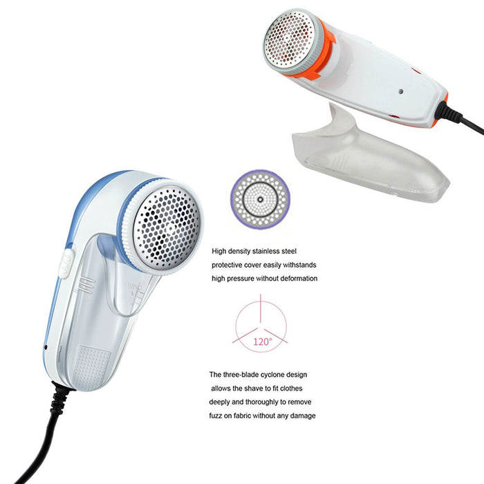 Blue and white corded lint remover with a diagram highlighting its stainless steel cover and three-blade design.