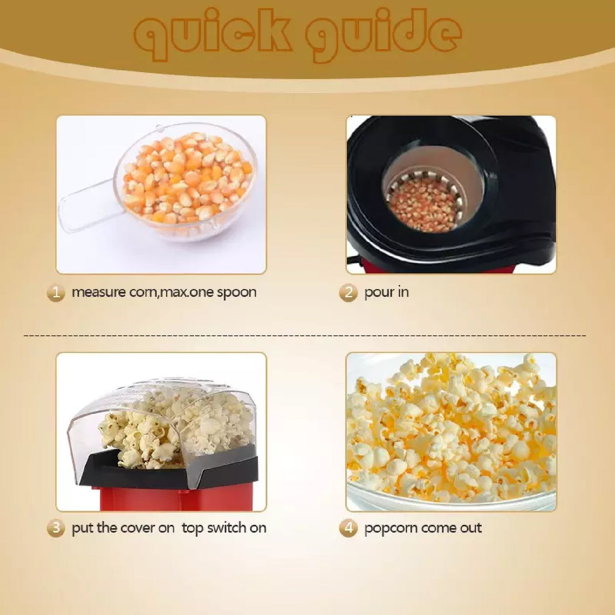 Quick guide showing four steps to make popcorn: measure, pour, cover and switch on, and popcorn comes out.