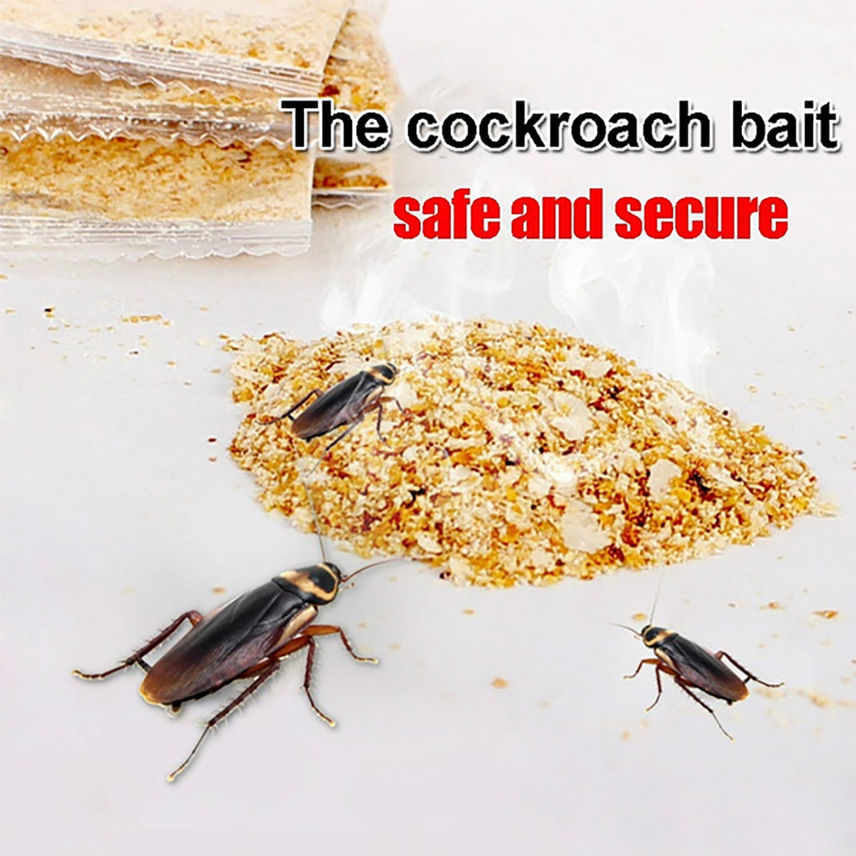 Three cockroaches near a pile of bait powder on a white surface, with text 'The cockroach bait safe and secure'.