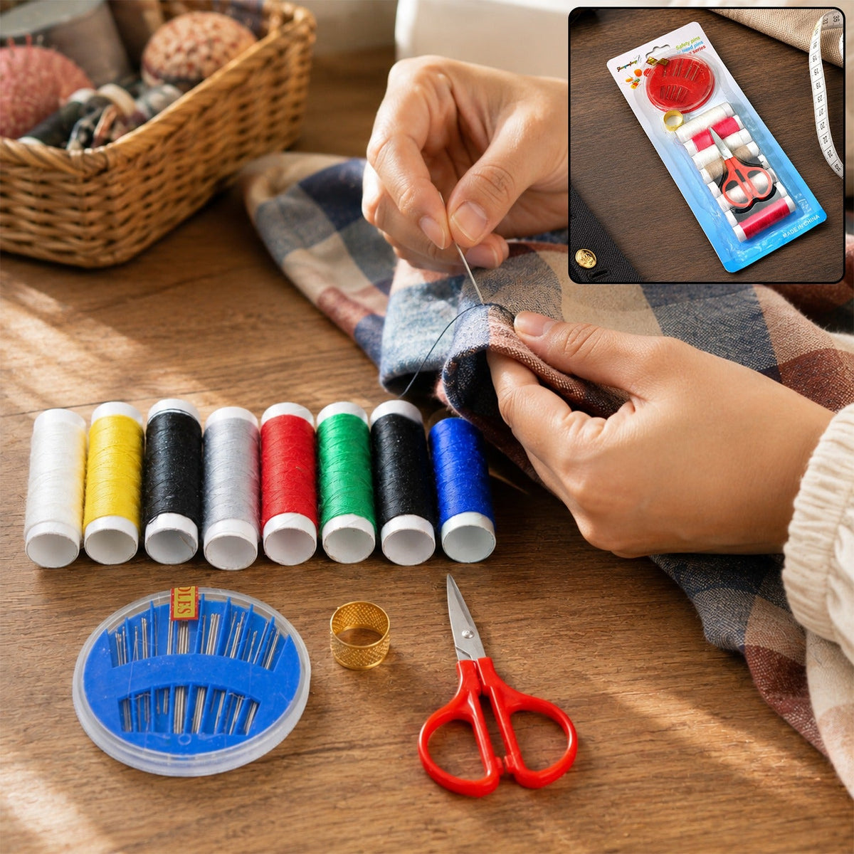 A person's hands sewing a plaid fabric with a needle and thread, surrounded by various sewing supplies.