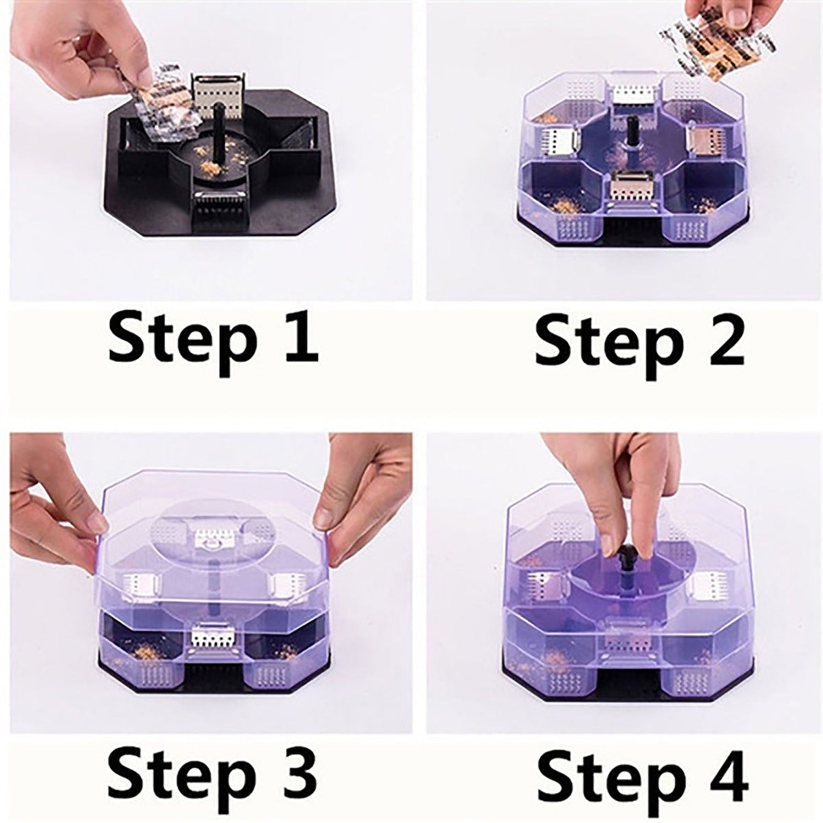 Four-step guide showing assembly of the cockroach trap with bait packets and a clear lid.
