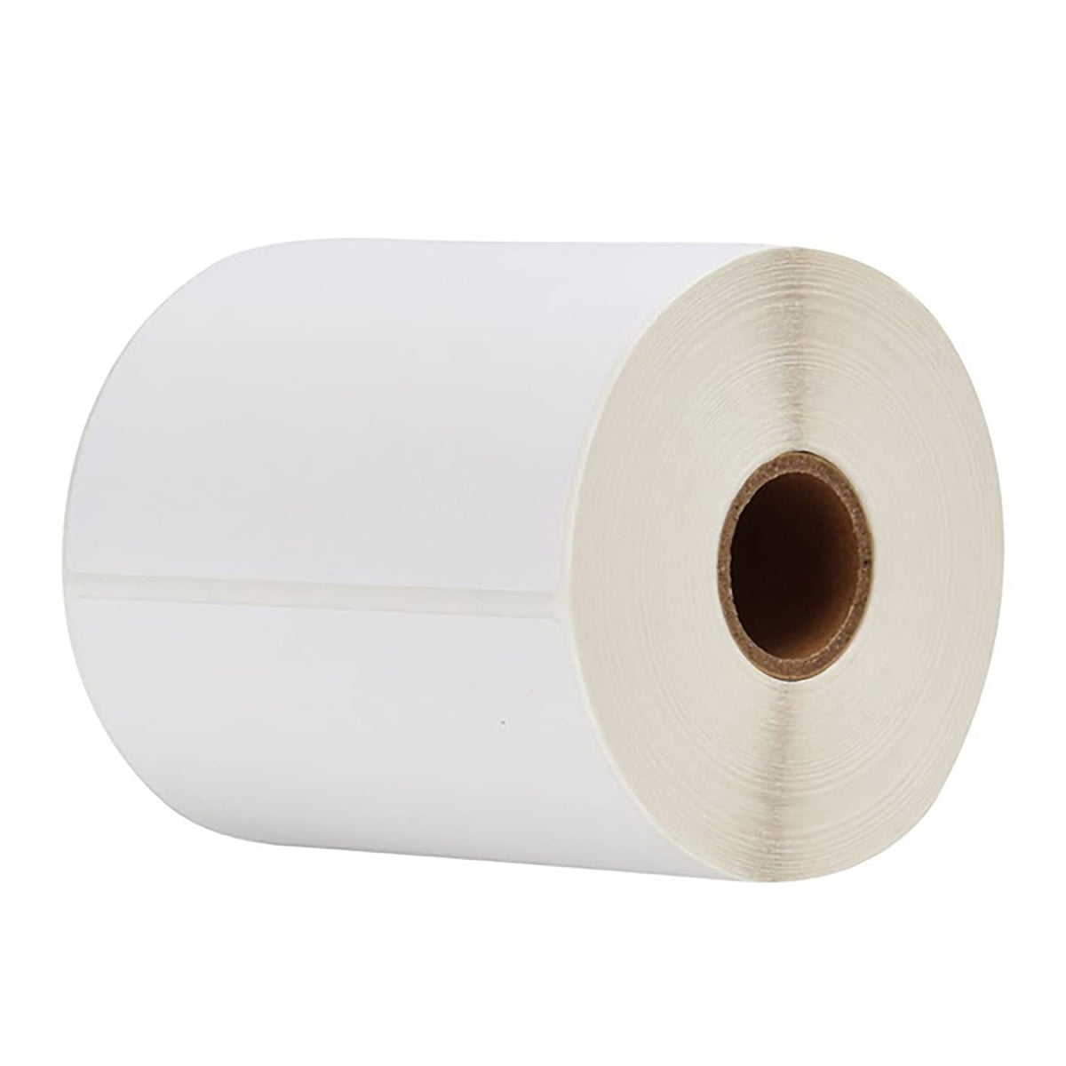 A large, tightly wound roll of white thermal labels with a brown core is shown on a white background.