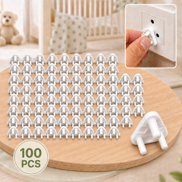 A hundred white plastic child safety socket covers on a wooden surface, with an inset showing one being inserted into an