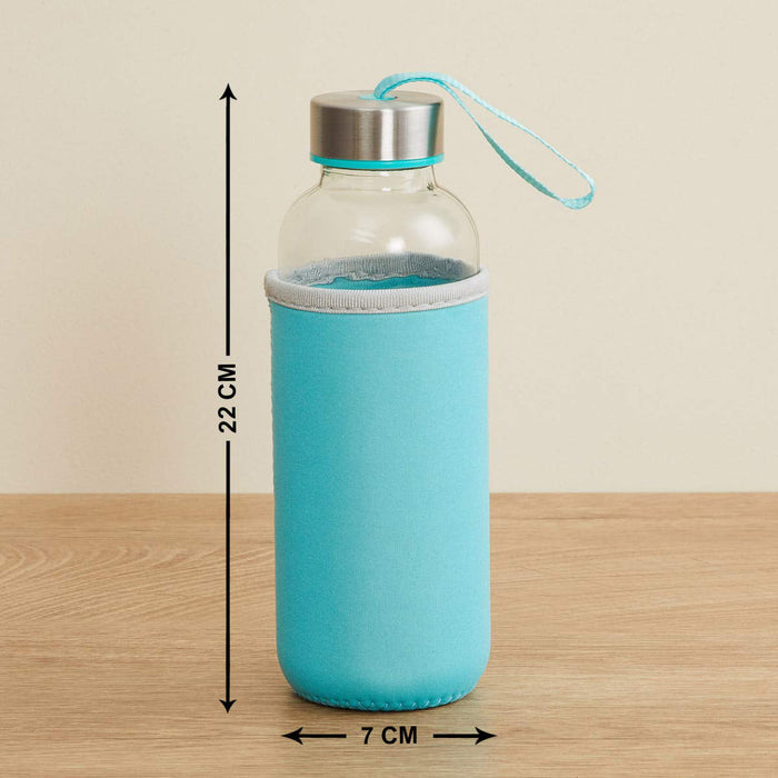 A clear glass bottle with a turquoise sleeve and lid, with dimensions of 22cm high and 7cm wide.