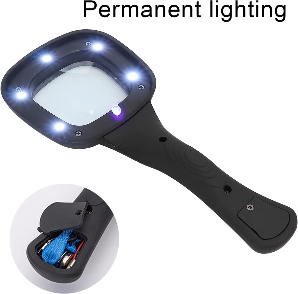 Black handheld magnifying glass with six bright LED lights and a purple UV light. Inset shows the open battery compartment.