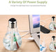Collage showing a bulb-shaped humidifier connected to a laptop, power bank, and wall adapter.