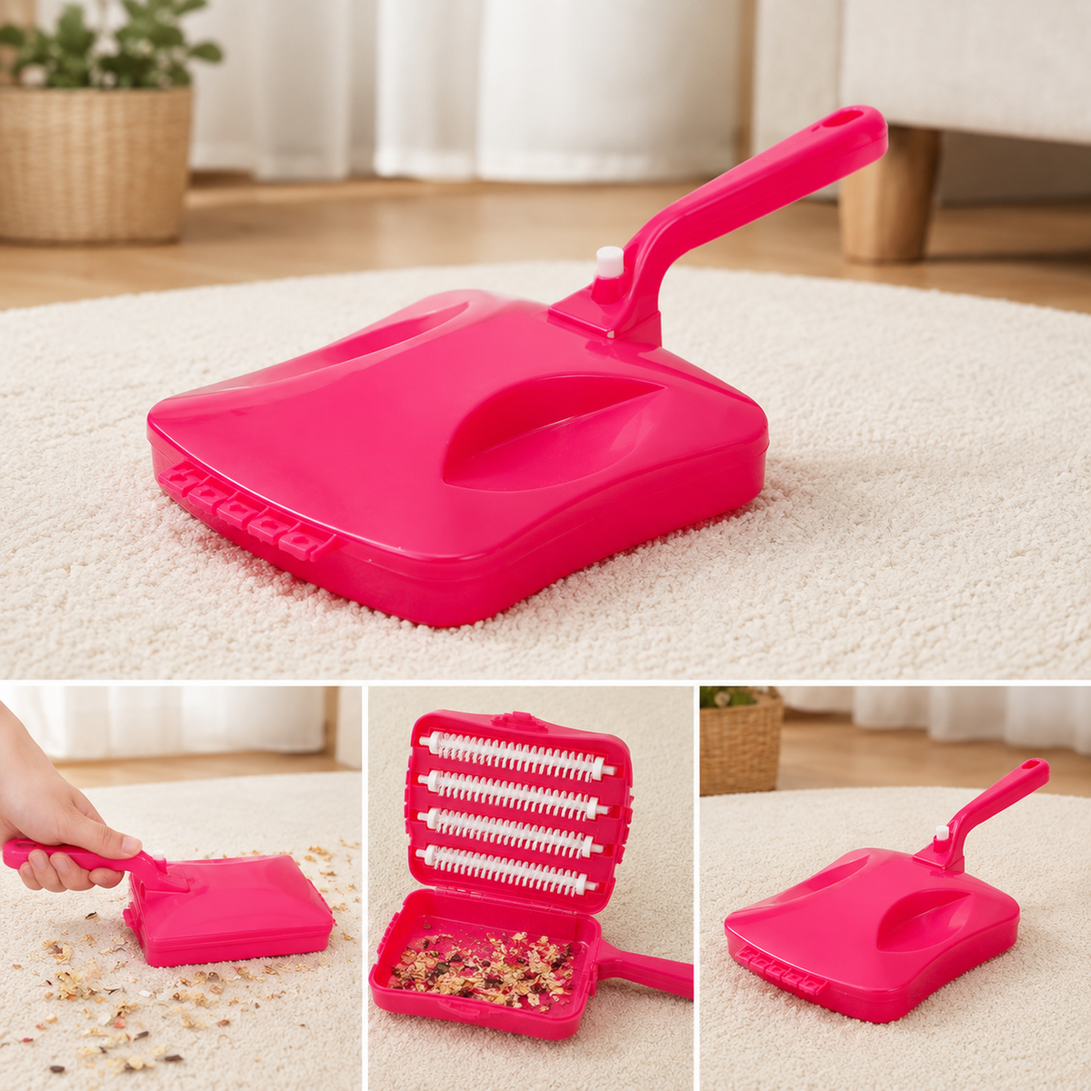 A bright pink handheld carpet sweeper with a handle on a cream carpet, with two smaller insets showing it in use and open.