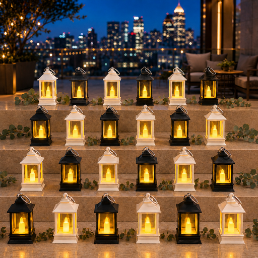 Twenty-four small black and white lanterns with glowing LED candles arranged on outdoor steps at dusk.