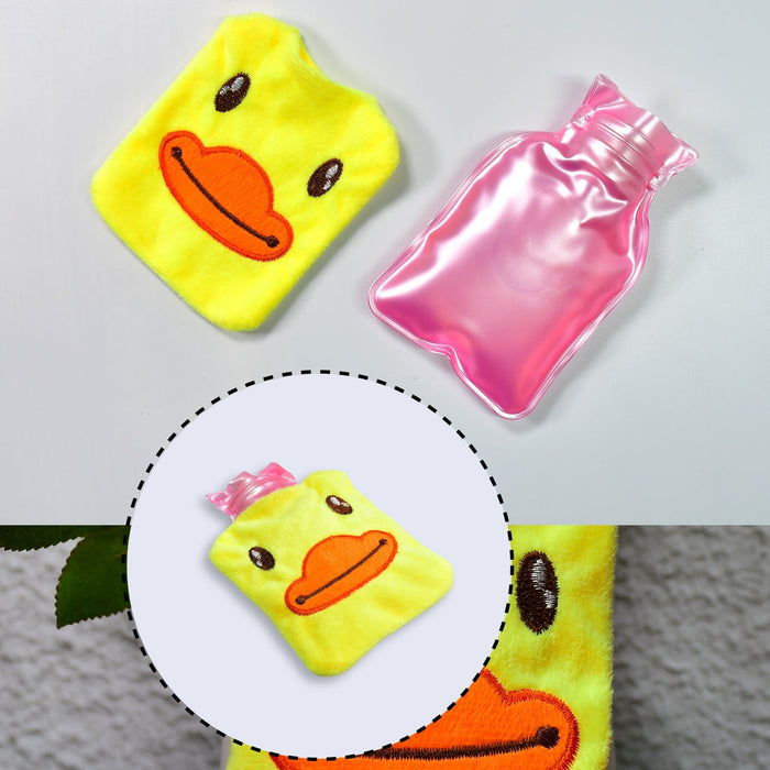 A yellow duck hot water bottle cover and a separate pink plastic hot water bottle on a grey surface.