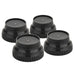 Four black round washing machine support legs with textured tops are arranged in a square on a white background.