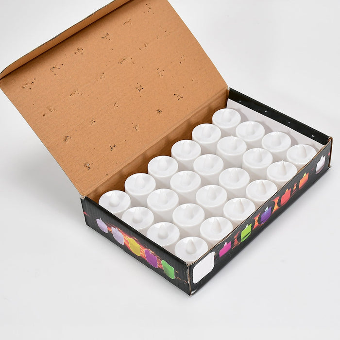 An open cardboard box filled with twenty-four white LED flameless tealights.