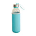 A clear glass bottle with a turquoise sleeve and matching lid, standing on a white background.