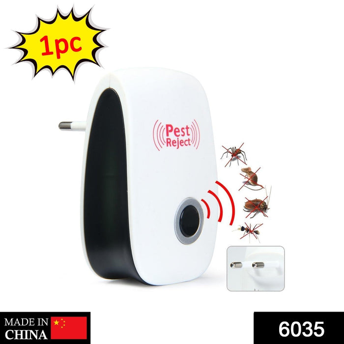 White and black pest repeller with a grey button, showing a 1pc label and various pests being repelled.