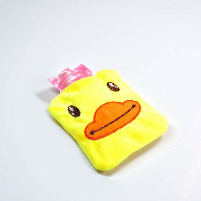 A yellow duck-shaped hot water bottle with an orange beak and black eyes on a plain white background.