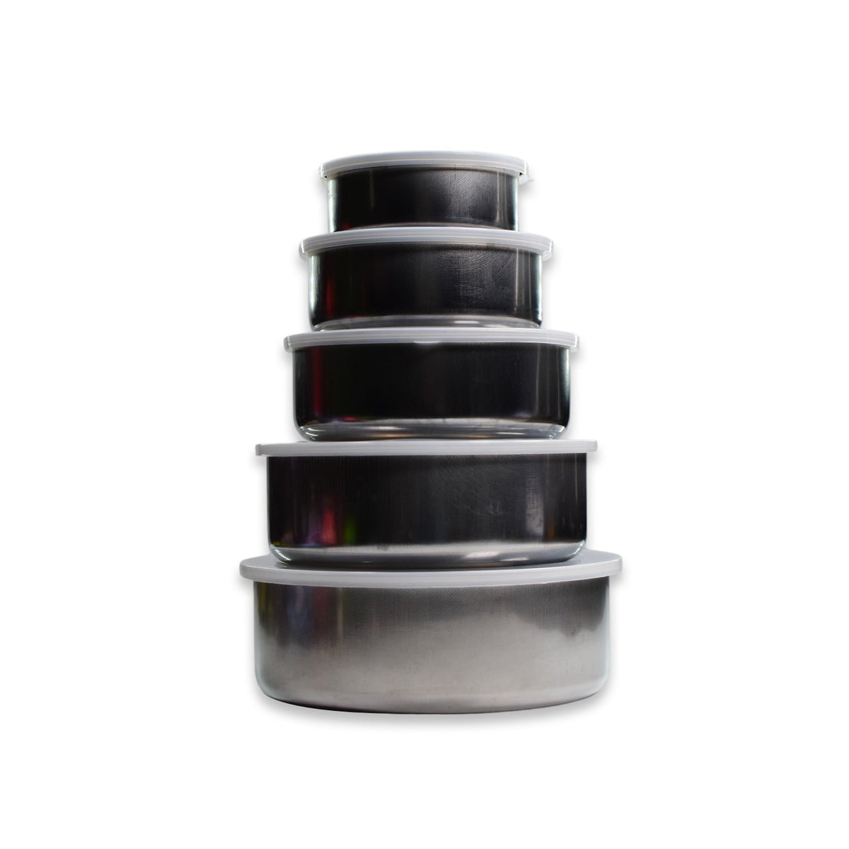 A stack of five stainless steel food containers with clear lids, decreasing in size from bottom to top, isolated on a white
