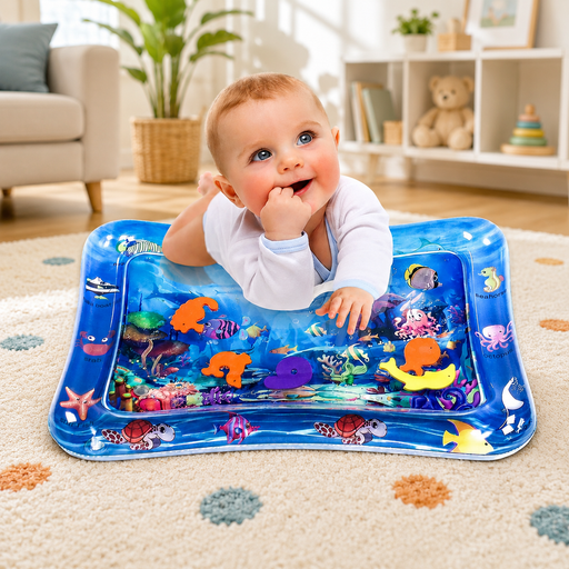 A happy baby lies on a blue inflatable water mat with colorful floating sea creatures inside.