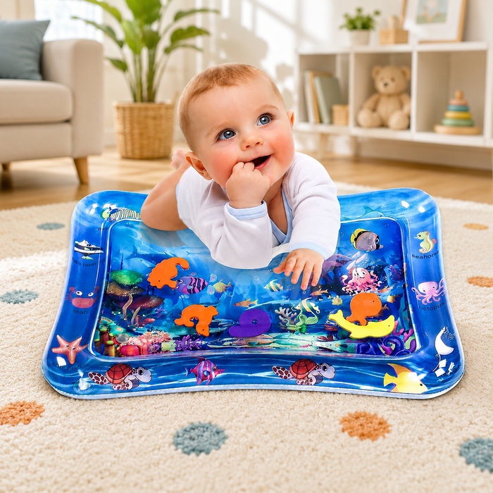A happy baby lies on a blue inflatable water mat with colorful floating sea creatures inside.
