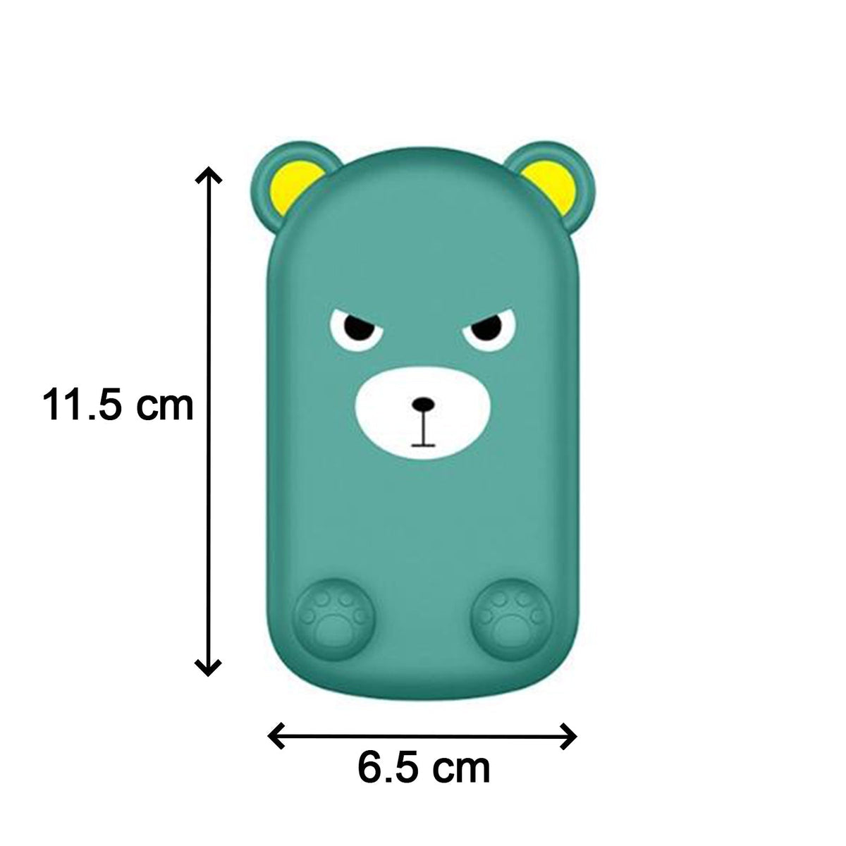 A green cartoon bear phone stand with angry eyebrows shows dimensions of 11.5 cm height and 6.5 cm width.