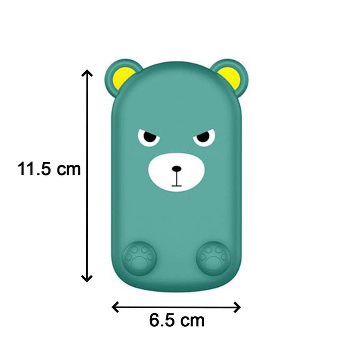 A green cartoon bear phone stand with angry eyebrows shows dimensions of 11.5 cm height and 6.5 cm width.