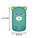 A green cartoon bear phone stand with angry eyebrows shows dimensions of 11.5 cm height and 6.5 cm width.