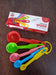 Complete 5-piece plastic measuring spoons set displayed for kitchen use.