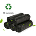 Six rolls of black garbage bags with a green recycling symbol and
